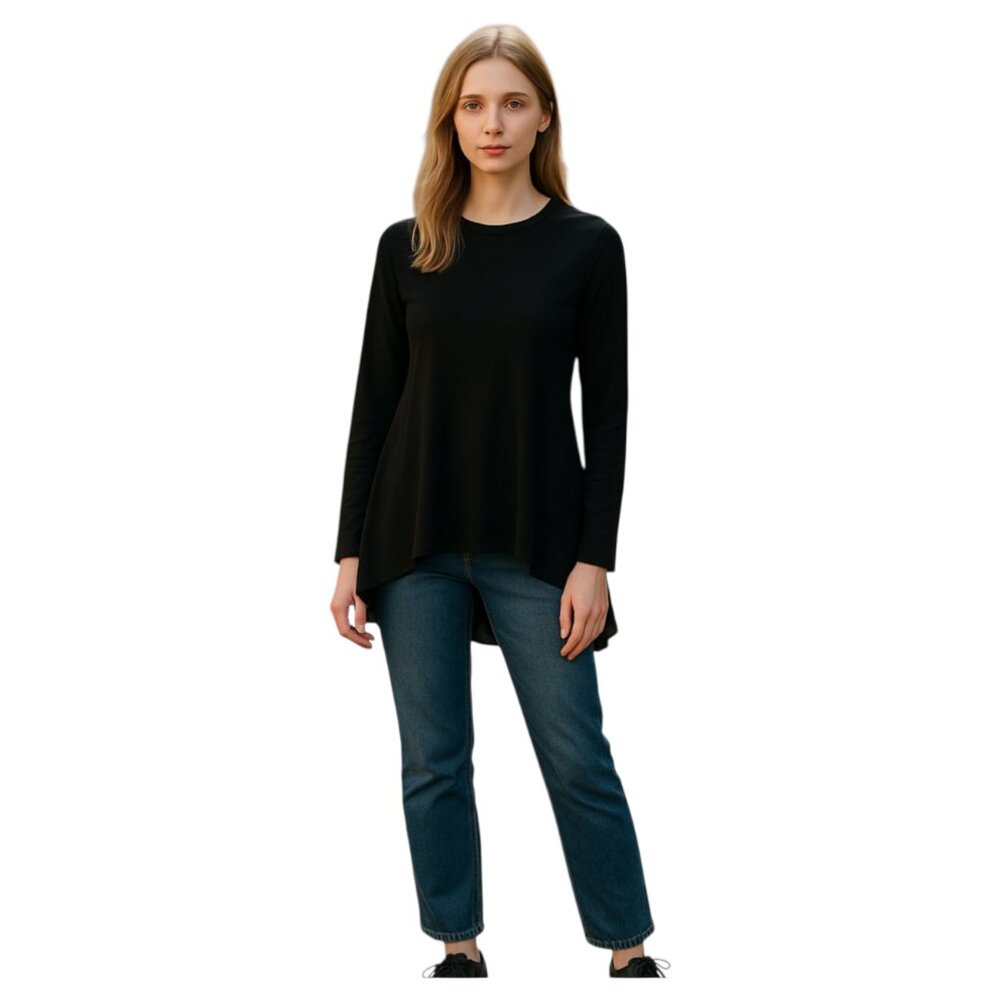 Aqua Small Black Long Sleeve Crewneck Asymmetrical Top